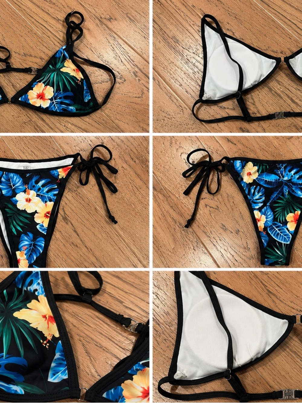 SHEIN Black Tropical Floral Tie-Side Bikini Set with Blue & Yellow Print